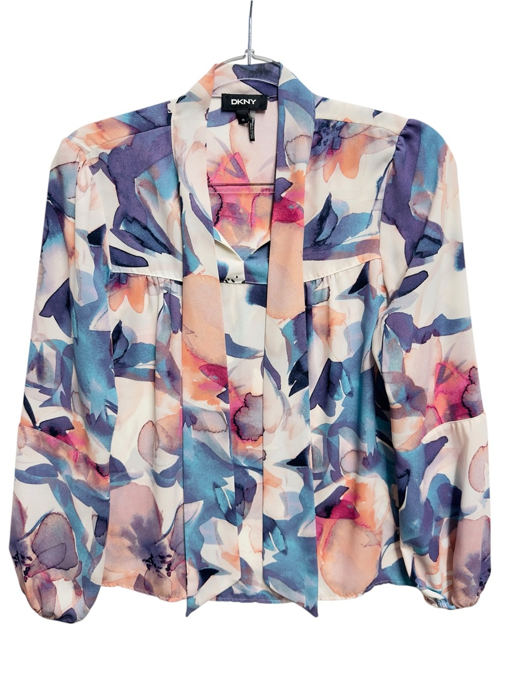 Tuxedo Chiffon Silky Knit Floral Watercolor Blouse Top